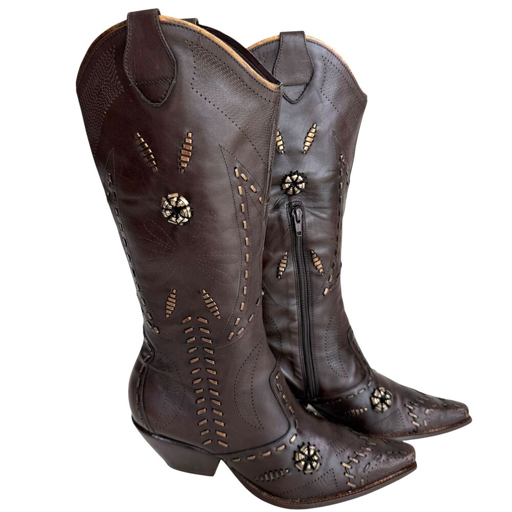 BCBG Cowgirl Chocolate Brown Leather Embellished Heeled Boots Size 9.5B